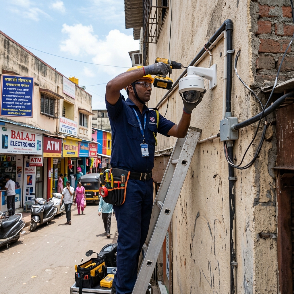 Indian CCTV Technician Installing Camera